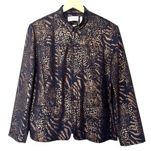 Alfred Dunner Bella Luna Blazer Black Metallic Gold Foil Animal Print Size 18